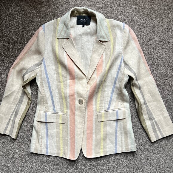Lafayette 148 Raffia Pastel Stripe Linen Blazer Quiet Luxury Jacket | Sz 4 - Picture 3 of 11